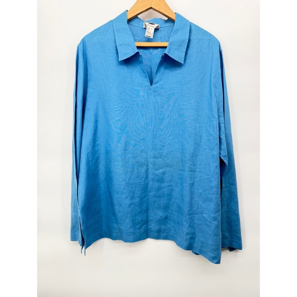Talbots Irish Linen Tunic Top Vneck Pullover Blue Long Sleeve Minimalist Size LG